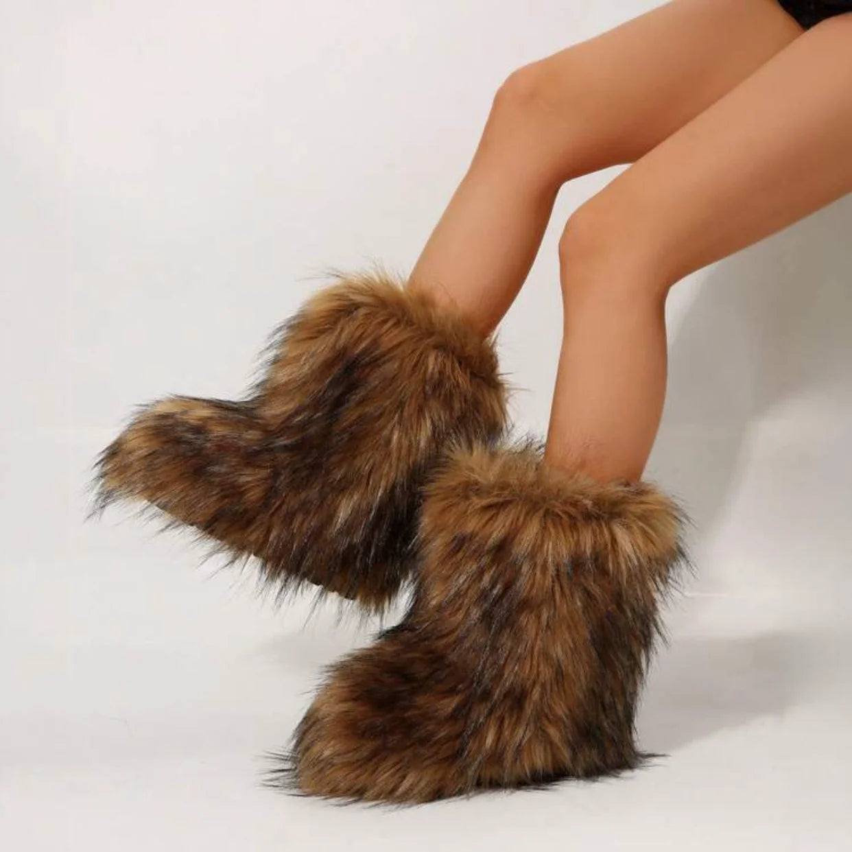 Women Faux Fur Boots Winter Fluffy Plush Warm Mid Calf Snow Boots Luxury Fashion Furry Boots Comfortable Outdoor Flat Shoes