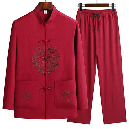 Male printing Chinese style long sleeves shirts trouser 100% Cotton Silk fabric Sportswear Men's Casual Sets Shirts + Pants