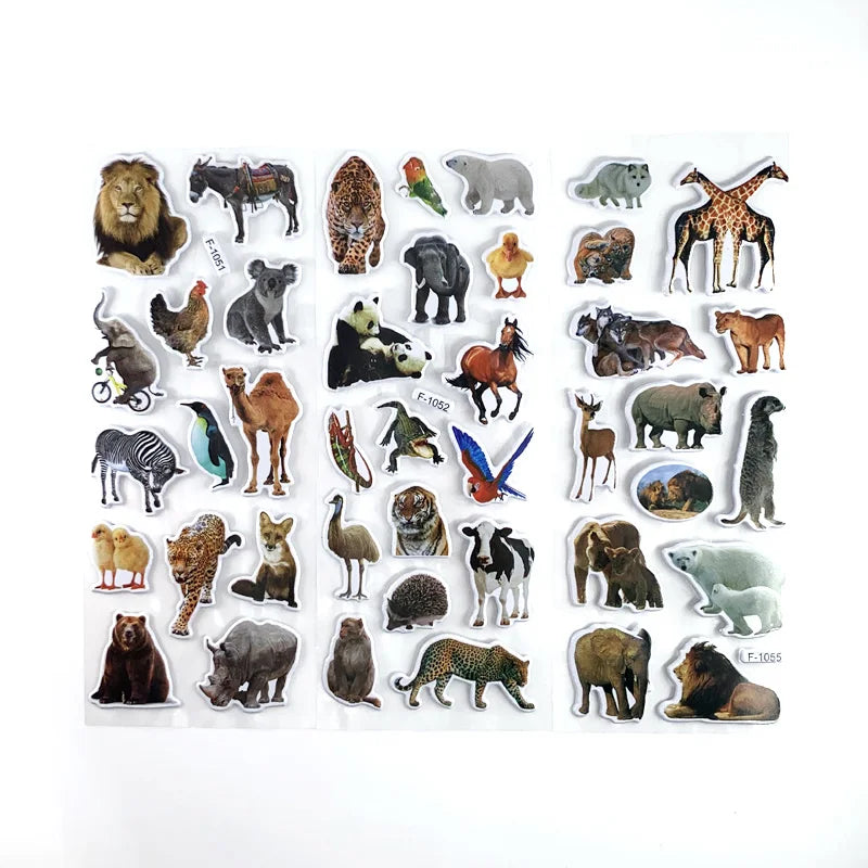 12 Sheets Wild Animals Style Stickers 3D Cartoon Classic Toys Scrapbook Learning Cognitive Sticker for Kids Gift