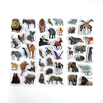 12 Sheets Wild Animals Style Stickers 3D Cartoon Classic Toys Scrapbook Learning Cognitive Sticker for Kids Gift