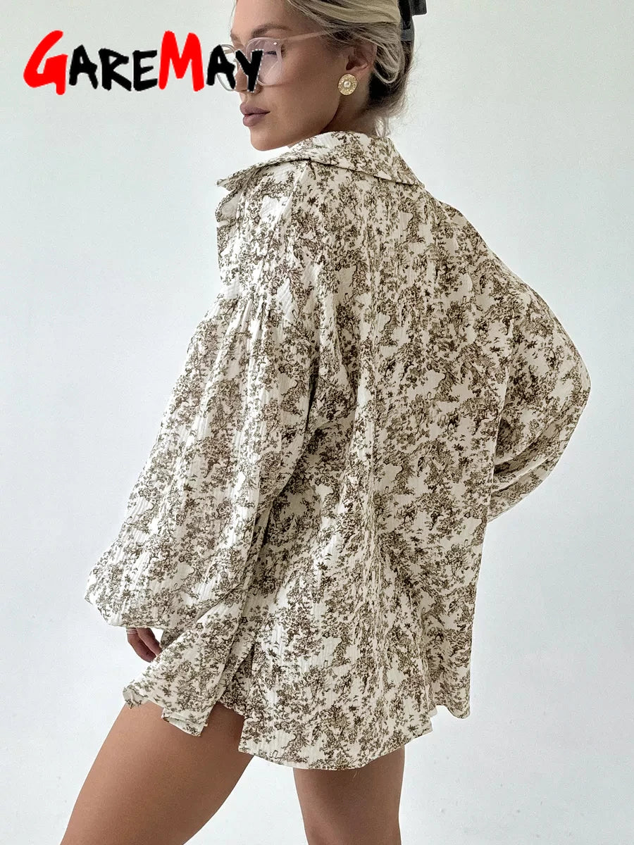 Women's Summer Suit with Shorts and A Shirt White Cotton 100% Two-piece Suit Female Long Sleeve  Oversize  Muslin Suit for Women