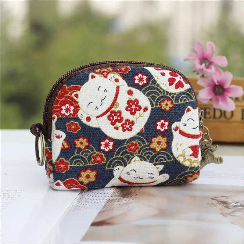 Women's Canvas Cartoon Prints Keychain Wallet Small Card Organizer Key Pouch Ladies Money Bag Coin Purse for Children Girls Boys
