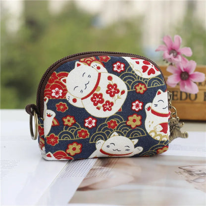Women's Canvas Cartoon Prints Keychain Wallet Small Card Organizer Key Pouch Ladies Money Bag Coin Purse for Children Girls Boys