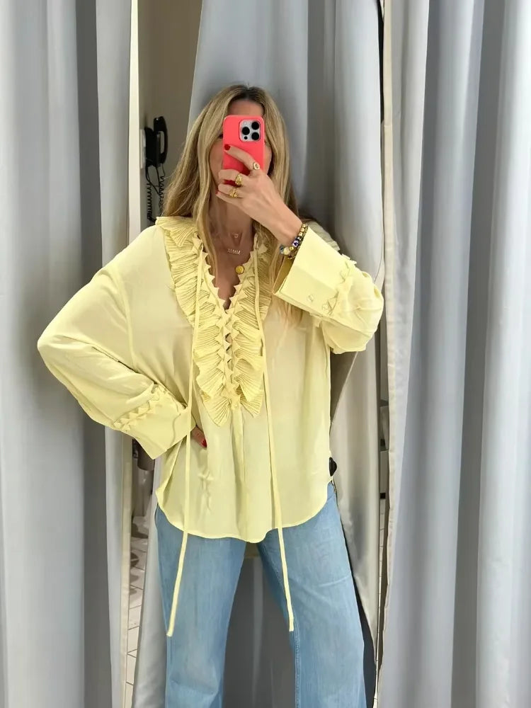 Women Solid Chiffon Ruffle Yellow Blouse Sheer V-neck Lace Up Full Flared Sleeve Shirts 2025 Summer Lady Fashion Loose Top New