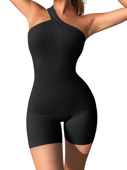 Women's Yoga Rompers One Piece Tummy Control Seamless Ribbed Jumpsuit One Shoulder One Piece Fashion Fitness Sportwear