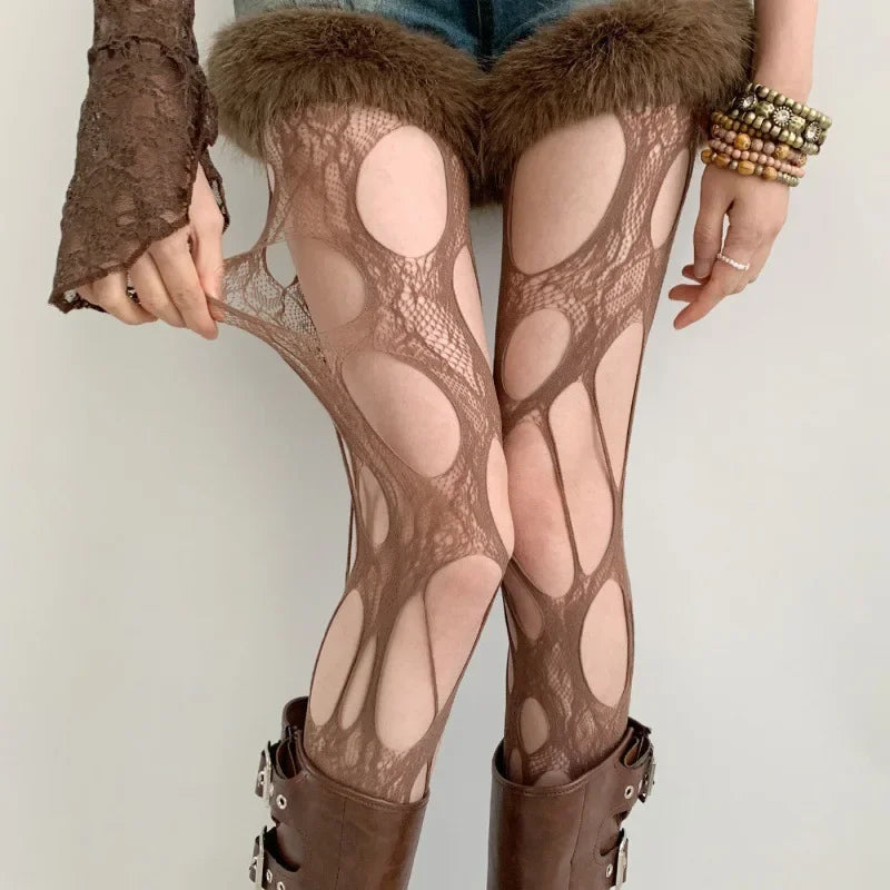 Gothic Women's Irregular Exposed Skin Tights Ripped Fishnet Thin Pantyhose Punk Y2K Hollowed-out Retro Lace Sexy Silk Stockings