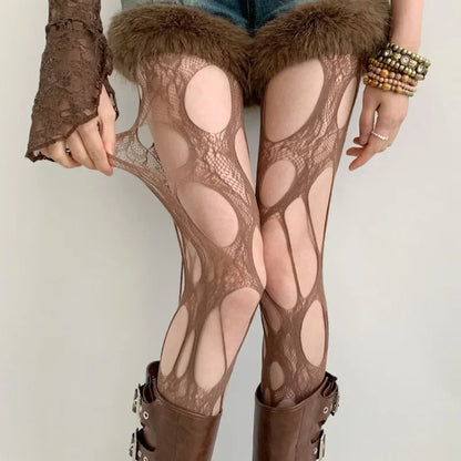Gothic Women's Irregular Exposed Skin Tights Ripped Fishnet Thin Pantyhose Punk Y2K Hollowed-out Retro Lace Sexy Silk Stockings