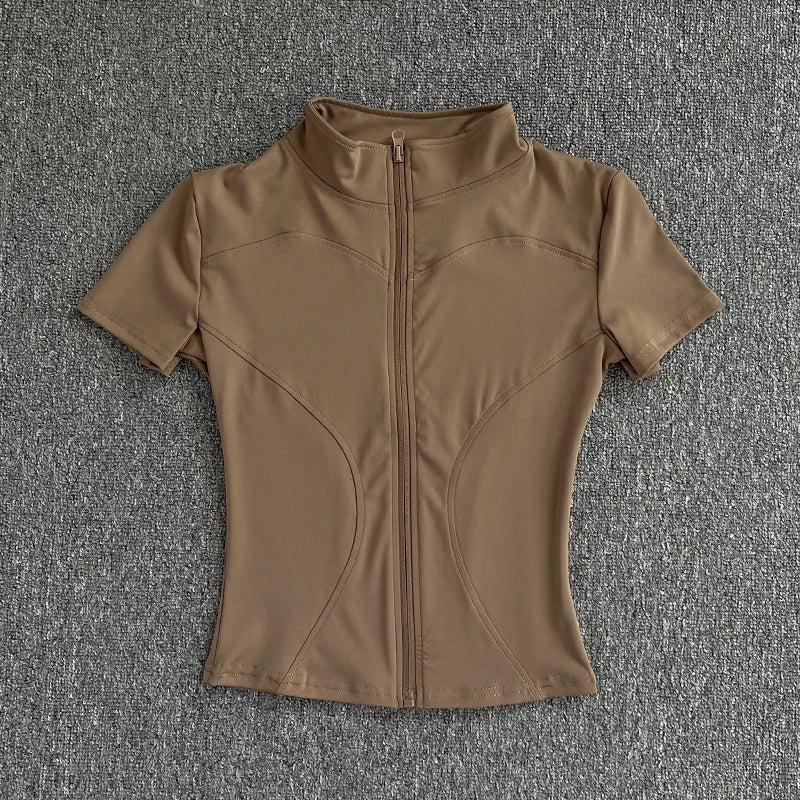 Summer High Quality Waist Slimming Training Tops Women's Quick-drying Tight Stand Collar Full Zipper Short Sleeves Yoga shirts