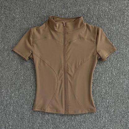 Summer High Quality Waist Slimming Training Tops Women's Quick-drying Tight Stand Collar Full Zipper Short Sleeves Yoga shirts