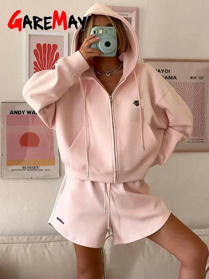 Spring Women's Summer Suit with Shorts Cotton Oversize Pink  Top and Shorts Set Two-piece Casual Tracksuit with Shorts for Women