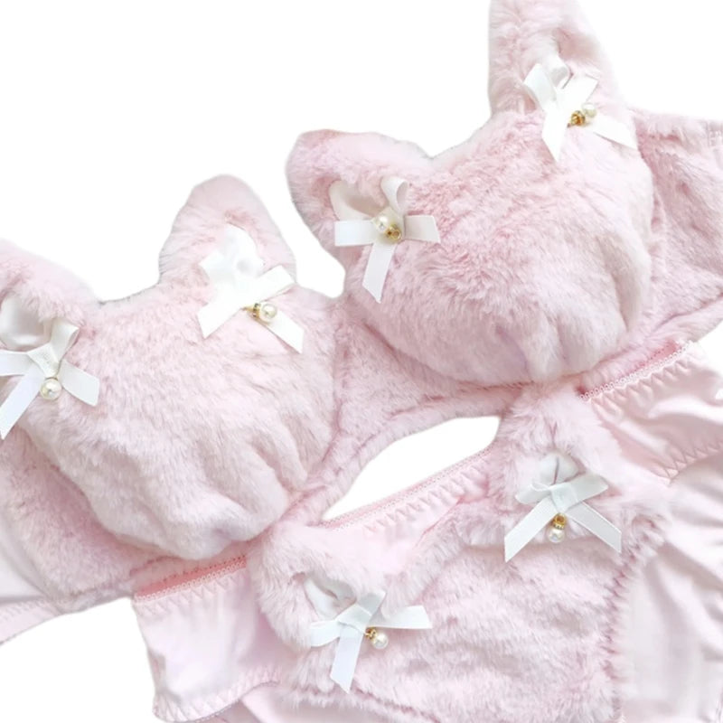 Women's Cartoon Panda Pattern Winter Lingerie Furry Plush Bra and Panty Set School Girl Japanese Anime Cosplay Underwear