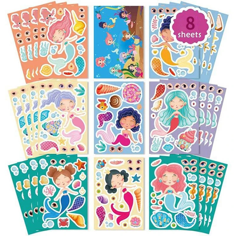 8pcs/Set Kawaii Mermaid Princess Column Sticker DIY Funny Cartoon Stickers For Kids Gift Classic Toys Handmade Puzzle Sticker