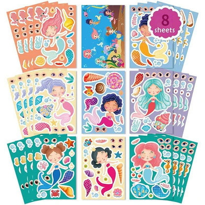 8pcs/Set Kawaii Mermaid Princess Column Sticker DIY Funny Cartoon Stickers For Kids Gift Classic Toys Handmade Puzzle Sticker