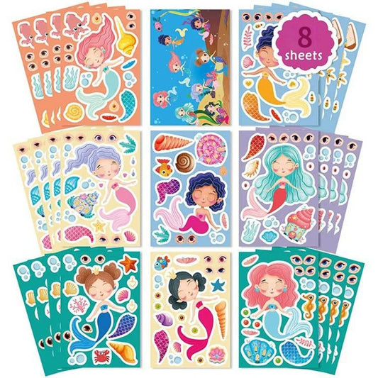8pcs/Set Kawaii Mermaid Princess Column Sticker DIY Funny Cartoon Stickers For Kids Gift Classic Toys Handmade Puzzle Sticker