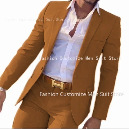 2 Pieces Beige Suit for Men Slim Fit Wedding Groom Tuxedo Groomsmen Suits Male Fashion Smoking Costume Homme Blazer with Pants