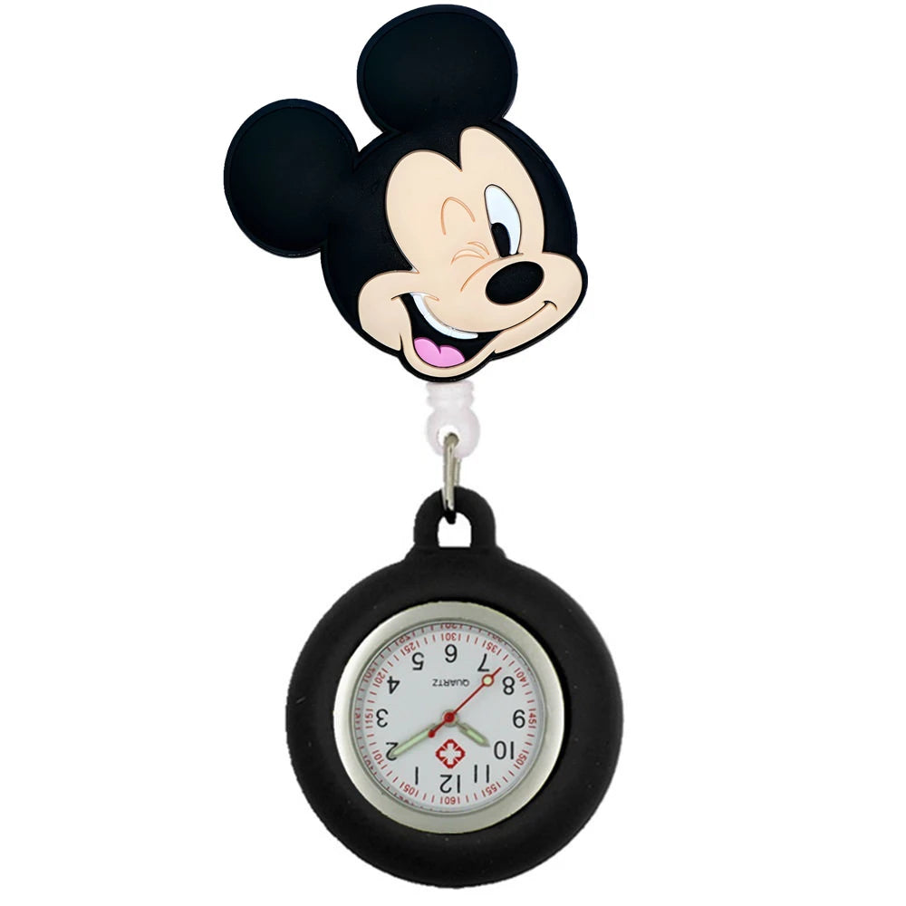 MINISO Cartoon Women Mens Nurse Doctor Students Mouse Bear Duck Lovely Retractable Badge Reel Clip Pocket Watches Clock Gifts