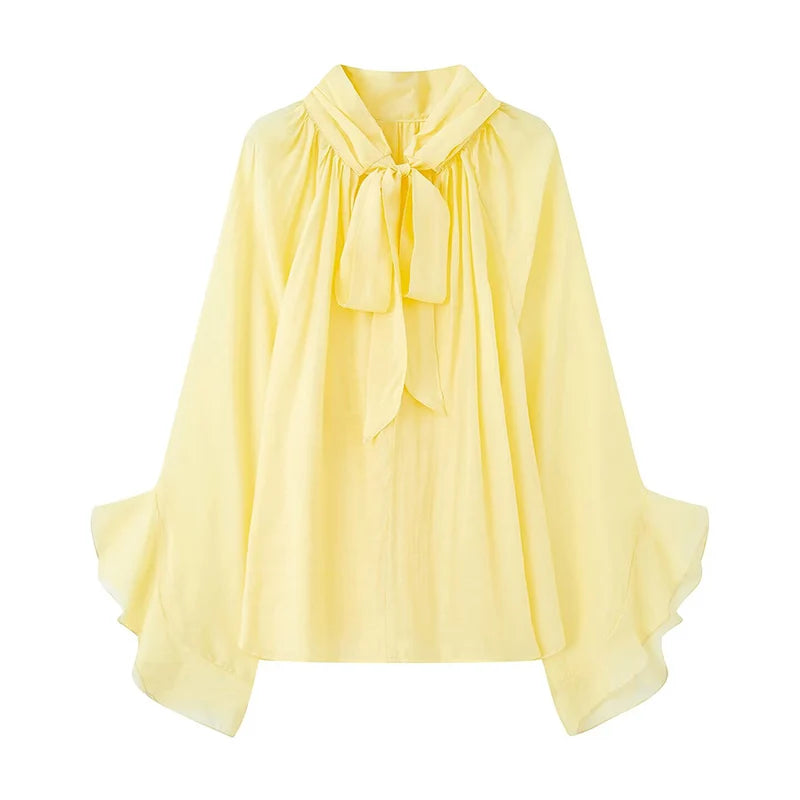Perspective Women Shirt 2025 Autumn New Bow Tied Blouse Woman Tops Lady Ruffles Flare Sleeve Loose Elegant Blouses