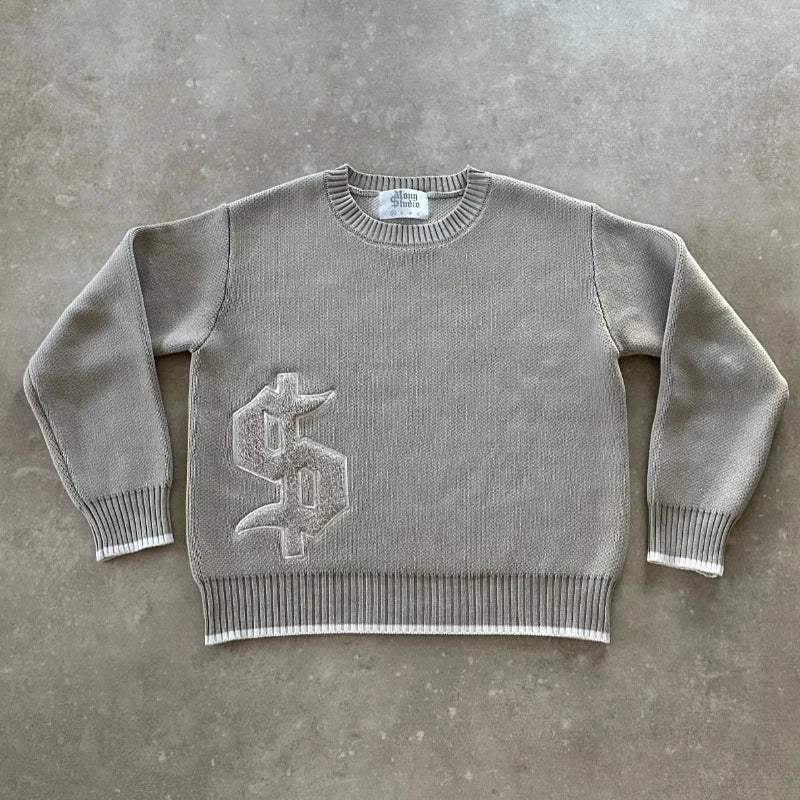 Y2K Grey Long Sleeve Sweater Dollar Gothic Embroidery Pullover Goth Retro Casual Streetwear Old Money Men Boxy Knitted Clothing