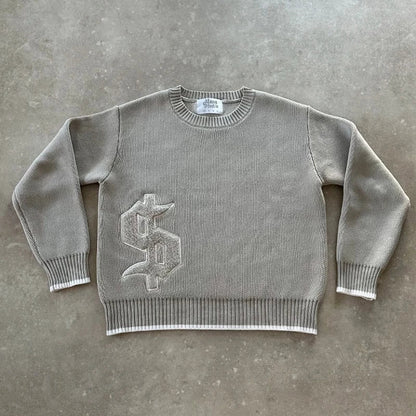 Y2K Grey Long Sleeve Sweater Dollar Gothic Embroidery Pullover Goth Retro Casual Streetwear Old Money Men Boxy Knitted Clothing