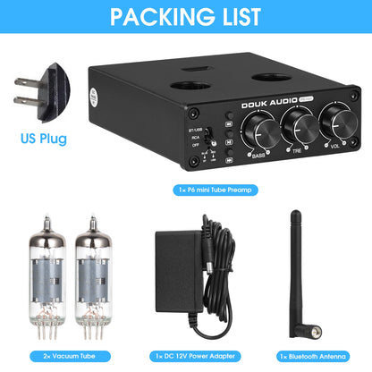 Douk Audio HiFi Bluetooth 5.0 Valve Tube Preamp Stereo Receiver USB Player Home Desktop Pre-amplifier w/Treble Bass Control