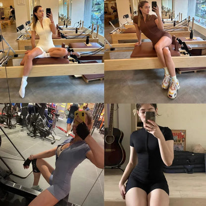 Zipper Dance Gym Jumpsuit Short Sleeve Playsuit Women Romper Sexy Yoga Fitness Overalls One Piece Sports Suit Workout Clothes