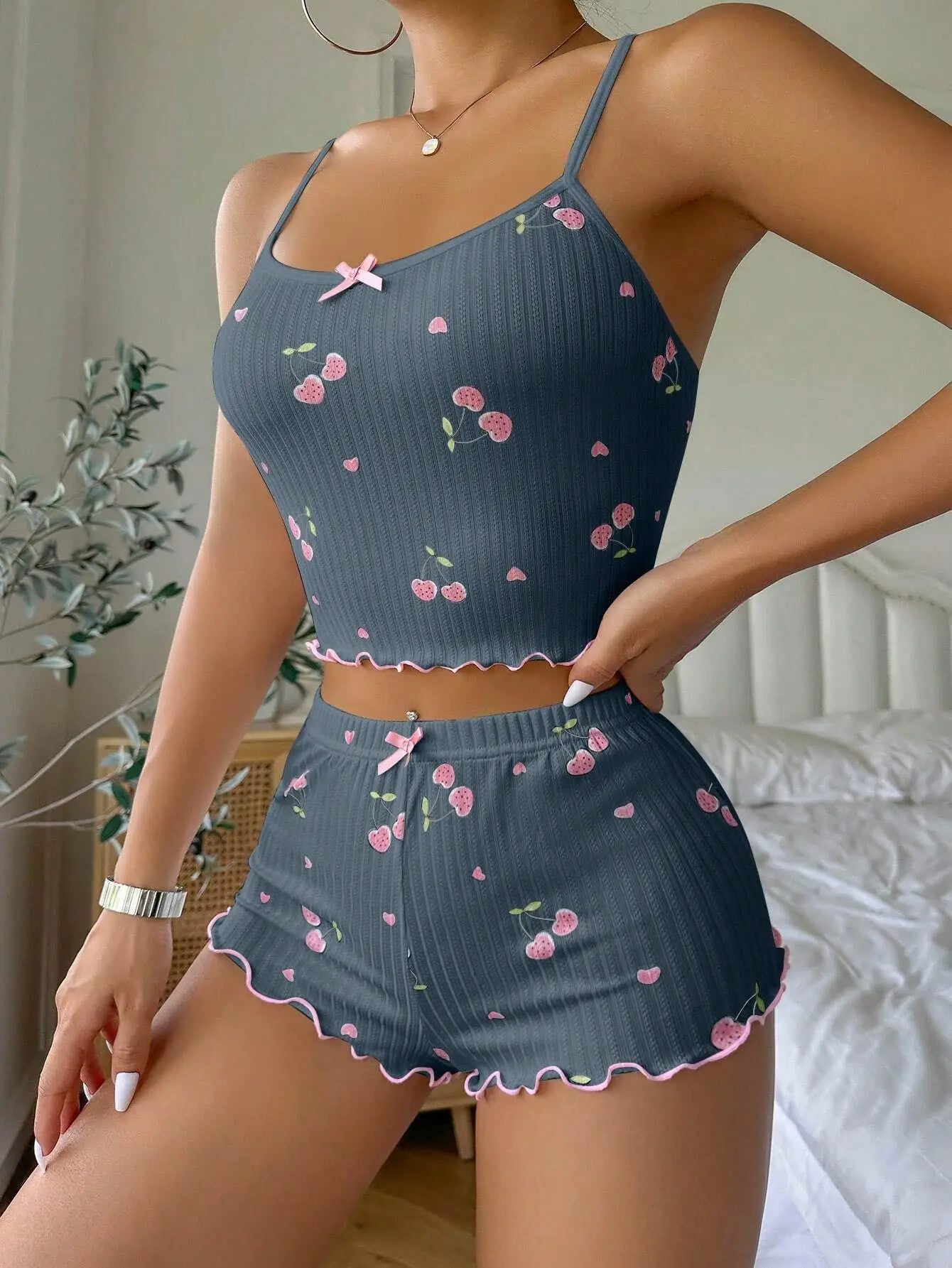 Sleepwear Women's Summer Pajama Set Heart Print Sexy Ribbed Bow Decor Round Neck Backless Crop Cami Top & Shorts Nightwear New