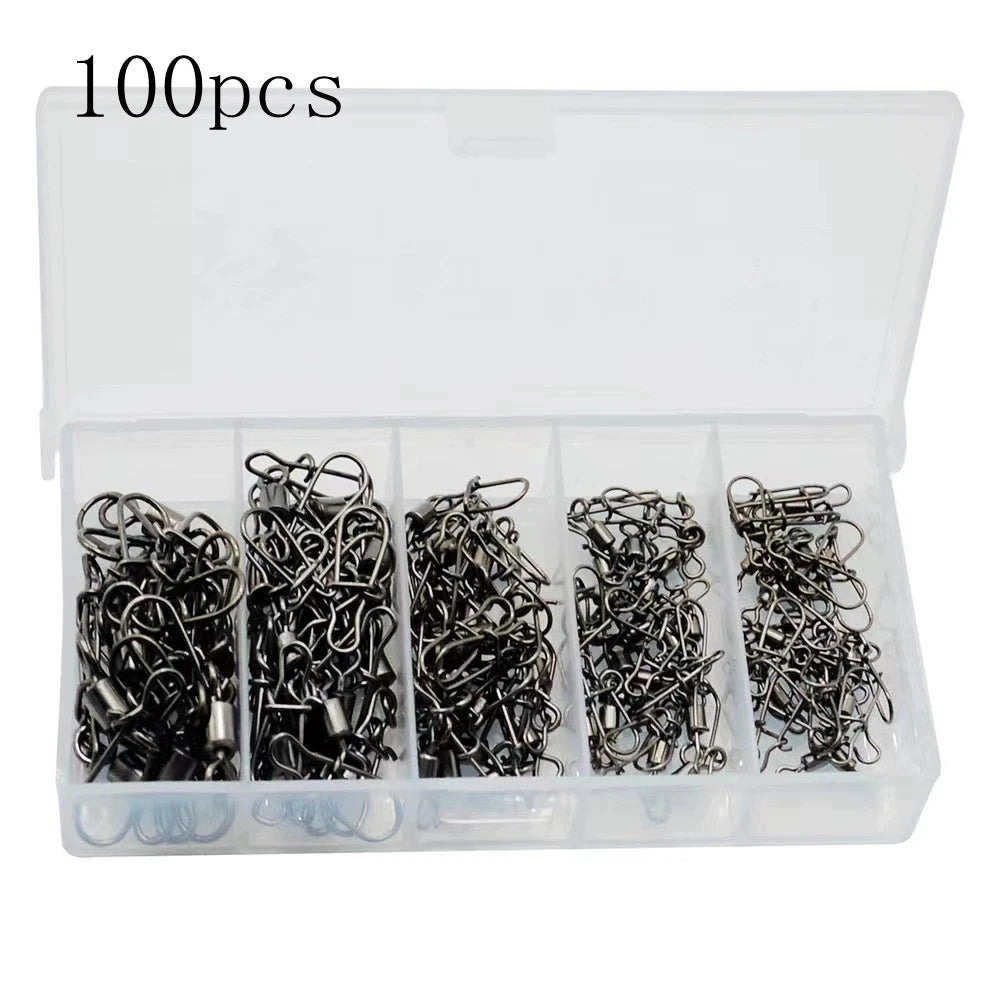 50pc/box Stainless Steel Fishing Connector Pin Bearing Rolling Swivel with Snap Fishhook Lure Accessories