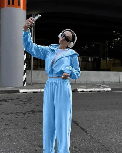 Women's Casual Suit Street Style Long Sleeve Hooded Cardigan Elastic Waist Pants Fashion Two-piece Suit