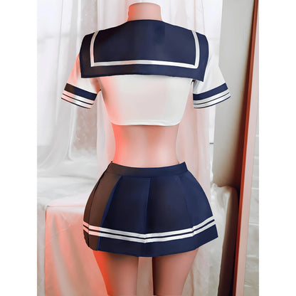 3pcs Sexy Sailor Outfit Women Lingerie Set Japanese Schoolgirl Cosplay Sleepwear Pleated Mini Skirt  Crop Top Pajamas