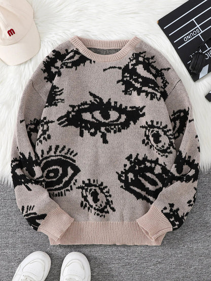 New Popular Autumn and Winter Abstract Eye Jacquard Pattern Pullover Sweater Casual Round Neck Knitted Men's Pullover