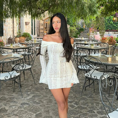 Suninheart White Off The Shoulder Autumn Bodycon Dress 2025 Long Sleeve Elegant Lace Maxi Dress Wedding Guest Dress for Women