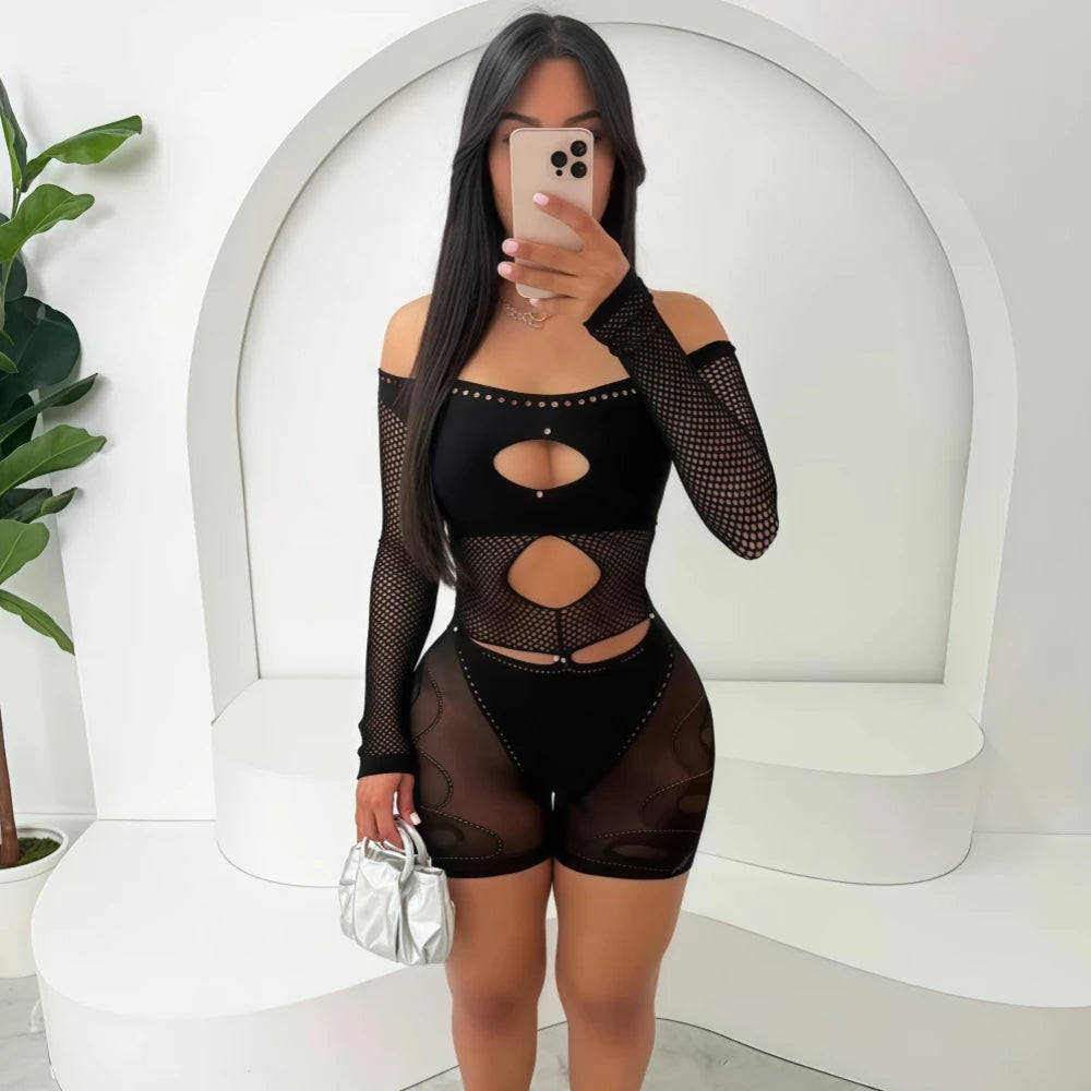 HLJ Sexy Hollow Out Rompers Women Off Shoulder See Through Long Sleeve Bodycon Playsuits Jumpsuits Female Party Clubwear New
