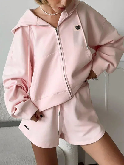 Spring Women's Summer Suit with Shorts Cotton Oversize Pink  Top and Shorts Set Two-piece Casual Tracksuit with Shorts for Women