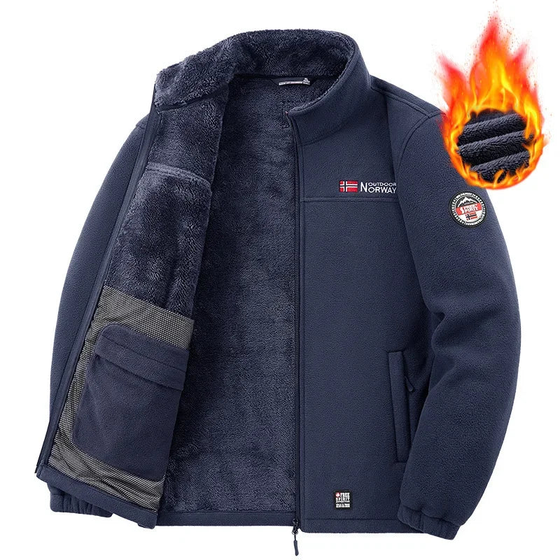 Men's Stand Collar Fleece Lined Jacket Autumn Winter Cold Proof Outerwear Sheep Fleece Lining Windproof Men's Outerwear