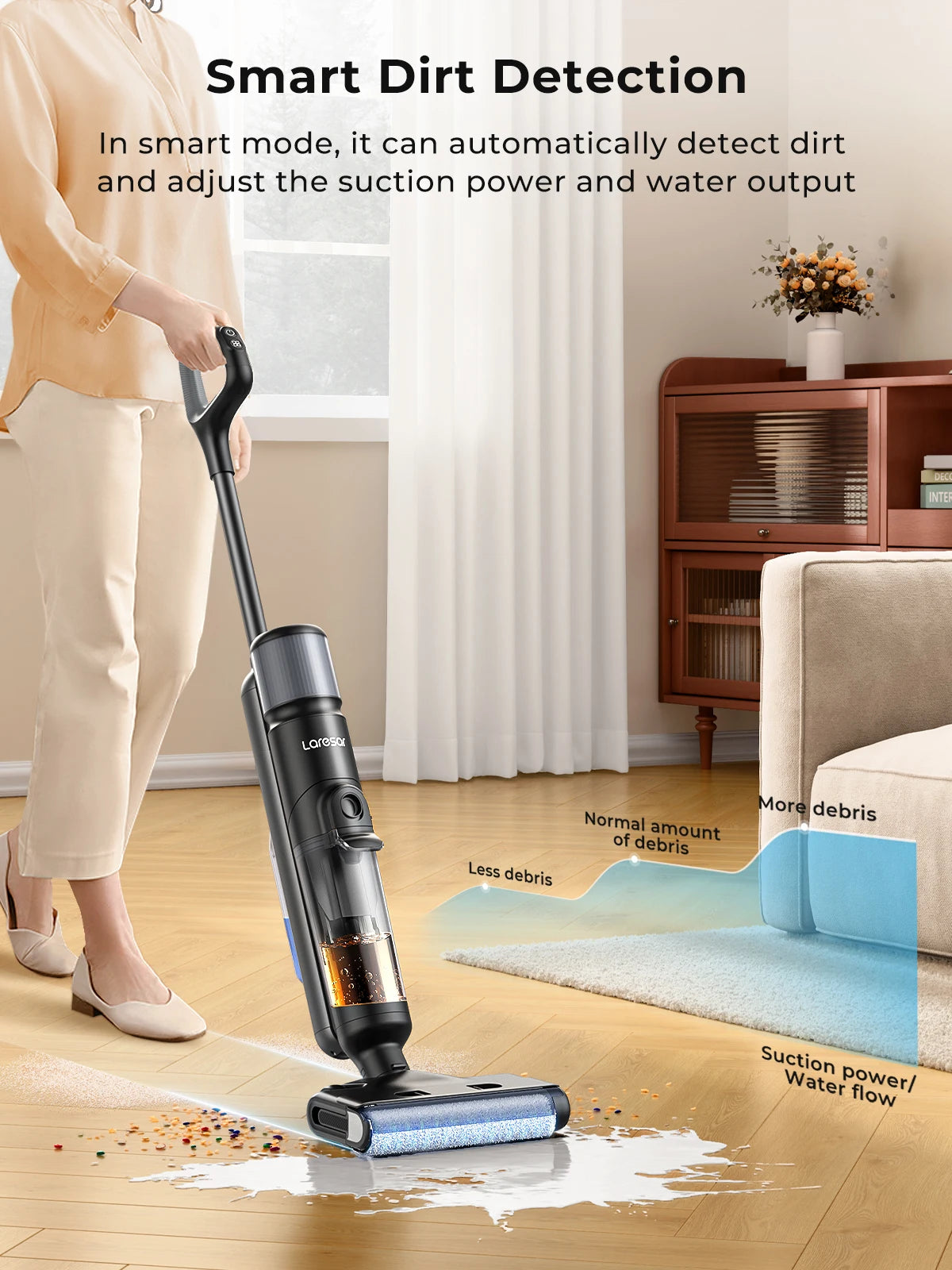 Laresar M3 Cordless Wet Dry Vacuum Cleaner Mop, Edge Cleaning 55min Auto Suction Floor Washer Self-Cleaning Smart Home Appliance