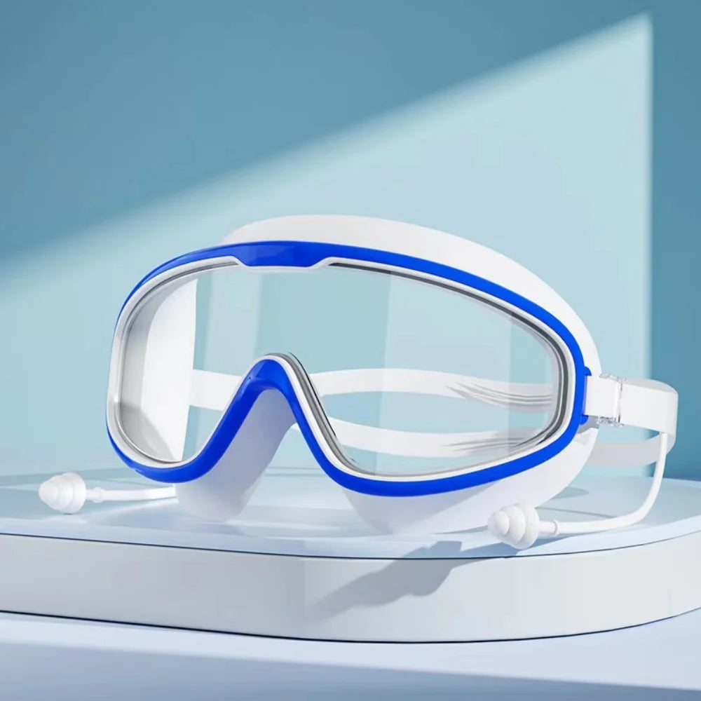 Outdoor Swim Goggles Large Frame Waterproof Anti-Fog UV Protection Glasses With Earplugs For 14 Years And Above