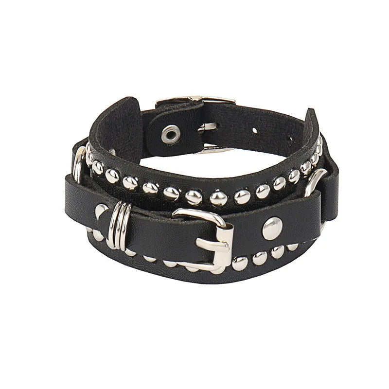 90s Fashion Punk Style Bracelet Personality PU Leather Three Rows Spikes Square Stud Bracelets Bangle 2024