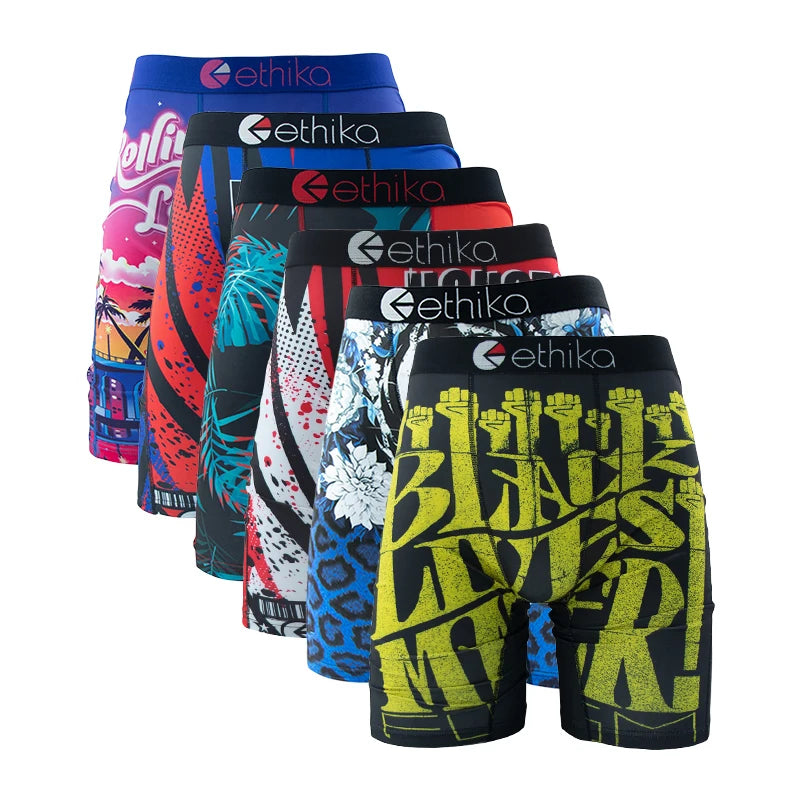 ETHIKA 6Pcs Men Underwear Boxers Breathable Man Swimming Underpants Plus Size Print Mens Panties Trunks Sexy Men's Boxershorts