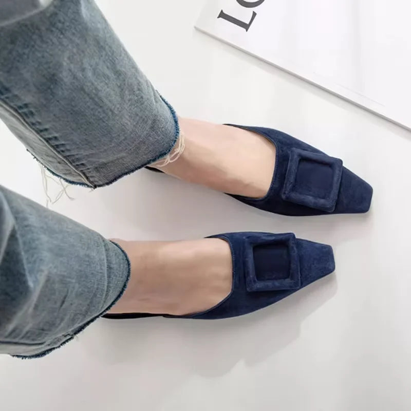 2025 Womens Summer sandals Lady mules basic style shoes natual suede french style buckle slippers Women pump pointed toe size 42