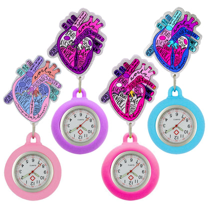 Heart Shape Icons Retractable Nurse Doctor Shiny Badge Reel Clip Pocket Watches Hospital Medical Working Office Hang Clock