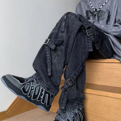 American Style Vibezip-up Trendy Jeans For Men Loose-fit Bell Bottoms Ins High Street Gangsta Style Casual Workwear