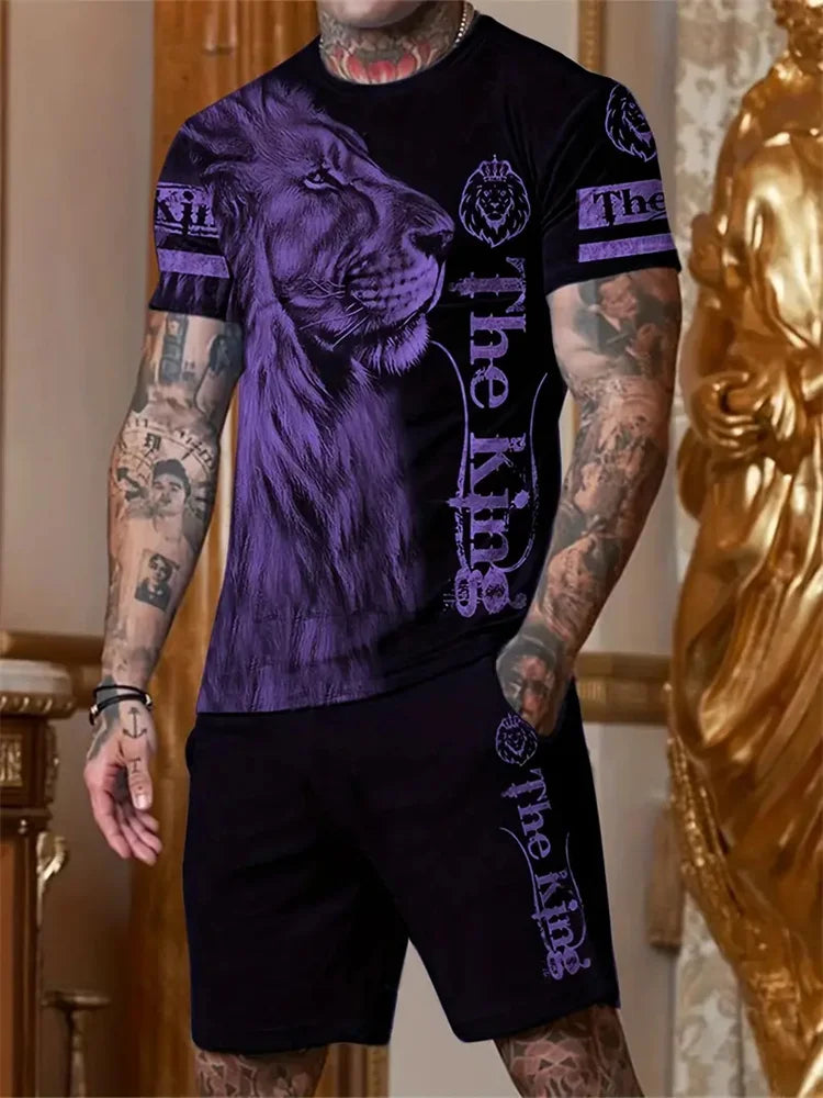 New Men's Sports Suit 3D Three-Dimensional Lion Print Short-Sleeved Outdoor Travel Leisure Two-Piece Suit Plus Size Clothing