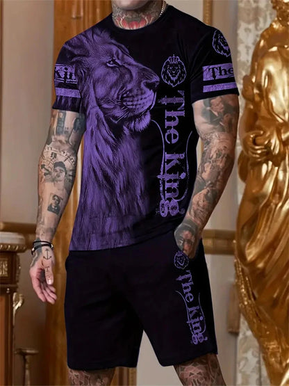 New Men's Sports Suit 3D Three-Dimensional Lion Print Short-Sleeved Outdoor Travel Leisure Two-Piece Suit Plus Size Clothing