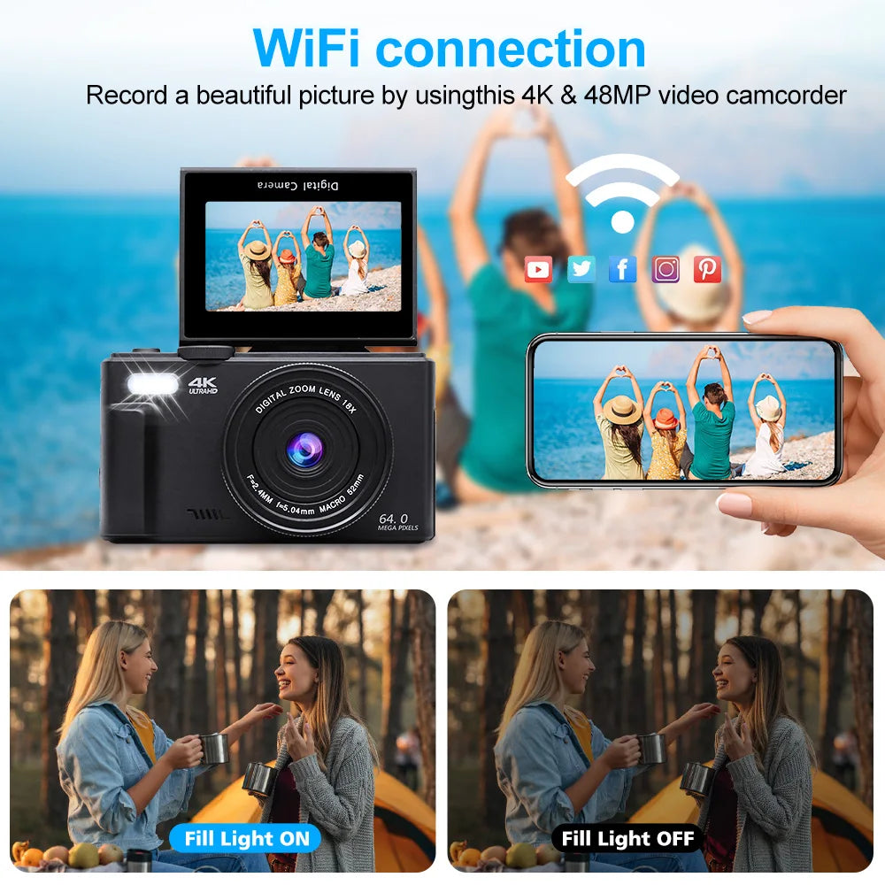 4K Digital Camera 64MP 3.0 Inch Rotatable Screen 18X Digital Zoom WiFi Vlog Camcorder Retro Video Recorder YouTub Webcam Cameras