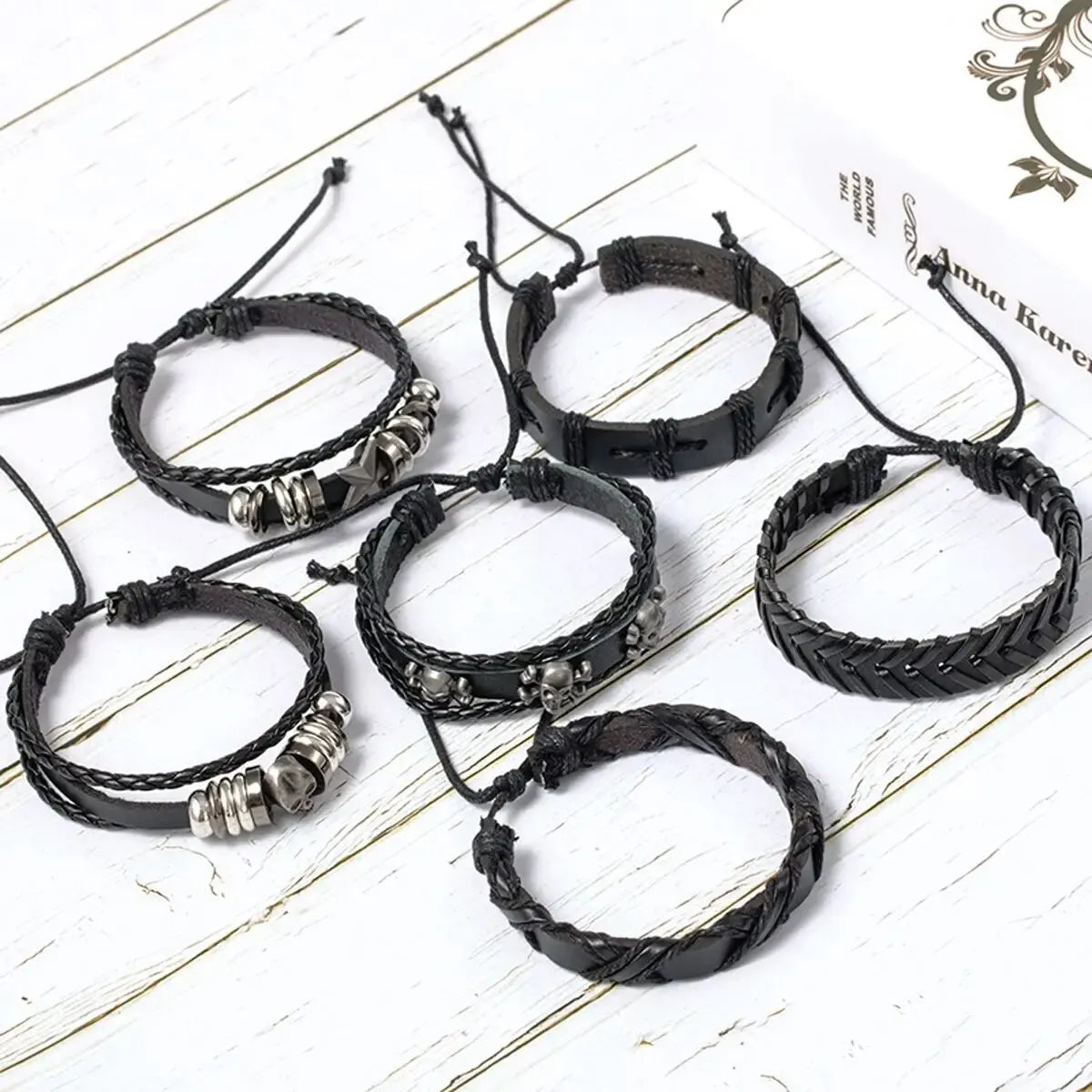 6pcs/Set Black Punk Skull & Star Shaped Alloy & Pu Leather Bracelet