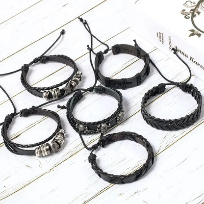 6pcs/Set Black Punk Skull & Star Shaped Alloy & Pu Leather Bracelet