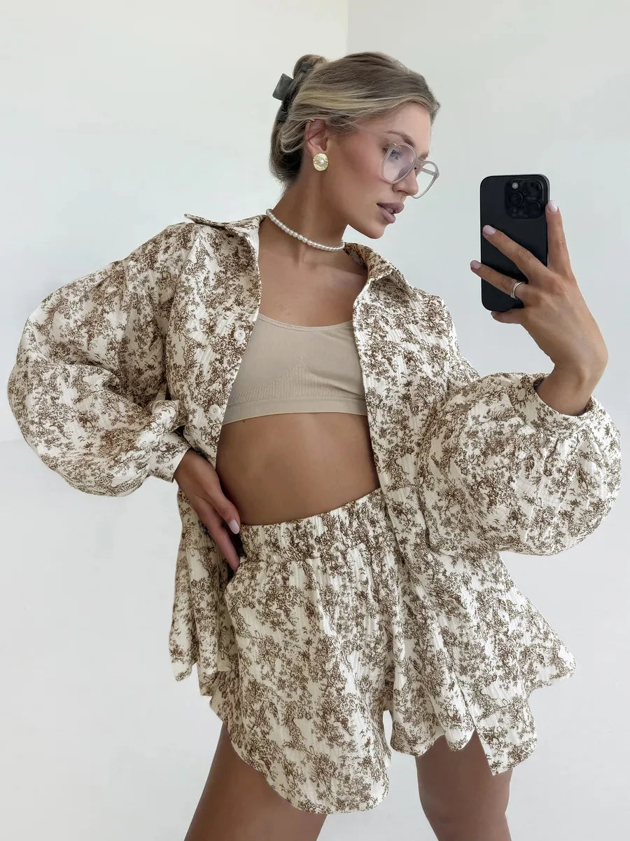 Women's Summer Suit with Shorts and A Shirt White Cotton 100% Two-piece Suit Female Long Sleeve  Oversize  Muslin Suit for Women