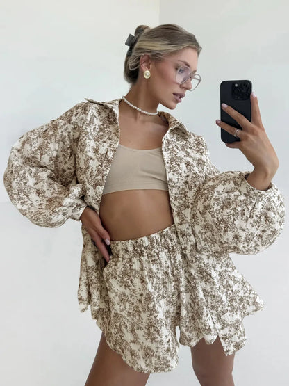 Women's Summer Suit with Shorts and A Shirt White Cotton 100% Two-piece Suit Female Long Sleeve  Oversize  Muslin Suit for Women