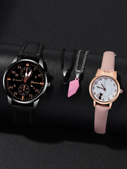 4pcs Fashion Versatile Creative Personalized Men and Women Couple Watch Quartz Watch with Love Pendant Necklace Combination Set