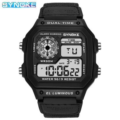 Synoke Outdoor Military Digital Watch For Men Fashion Retro Nylon Canvas Strap Sports Waterproof Watch Multifunctional Luminous